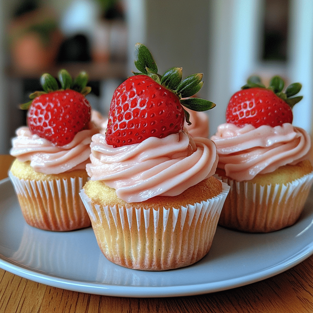 Strawberry cupcakes with creamy buttercream frosting and fresh strawberries on top