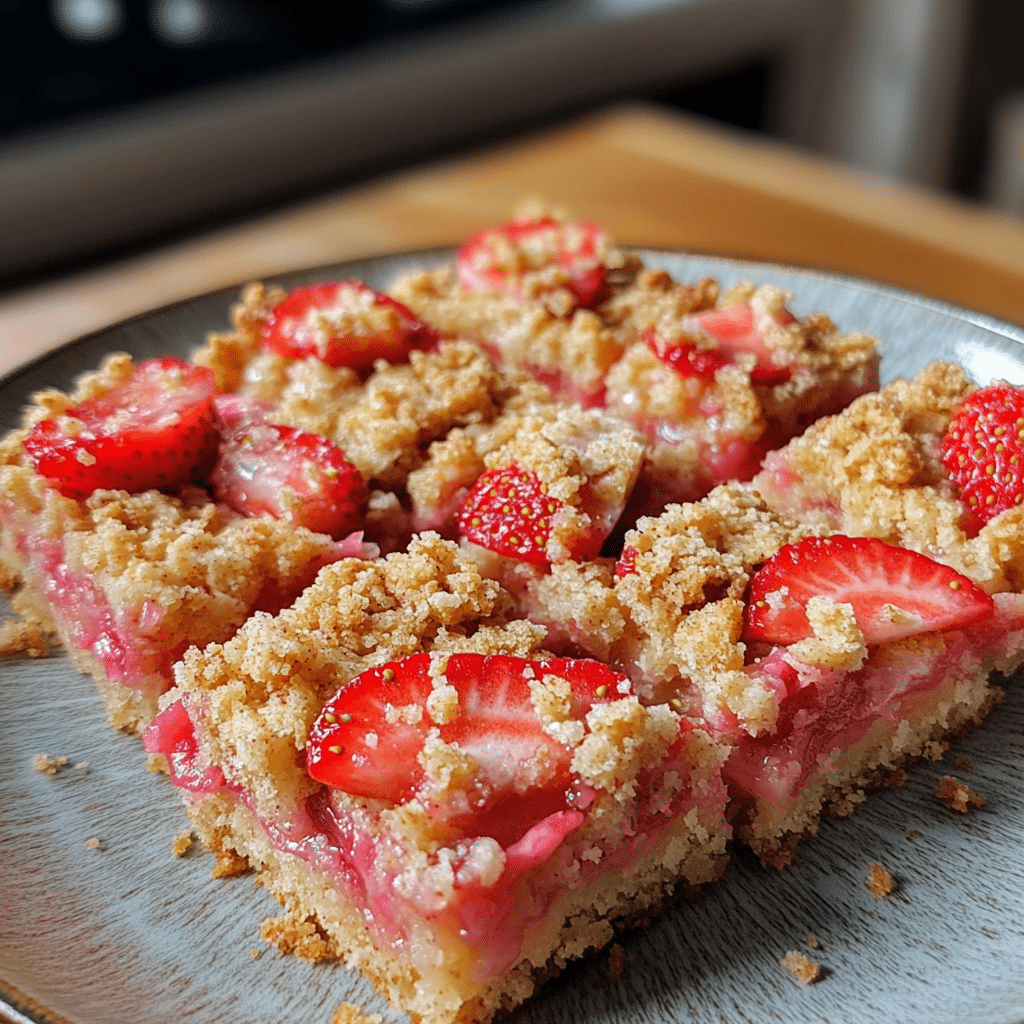 Strawberry rhubarb bars with a crumbly topping and fresh fruit