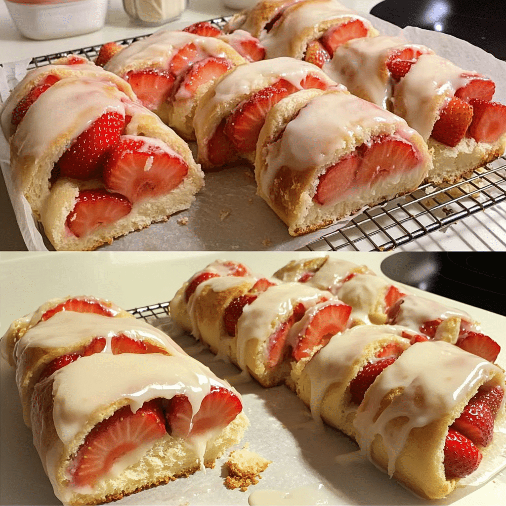 Four-panel collage showing strawberry rolls preparation and finished product