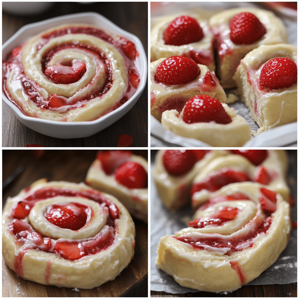 Four-panel collage showing dough mixing, filling spread, rolls sliced in pan, and glaze drizzled on baked rolls