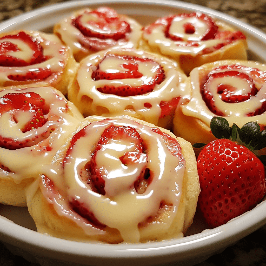 Strawberry rolls in a baking dish with vanilla glaze on top