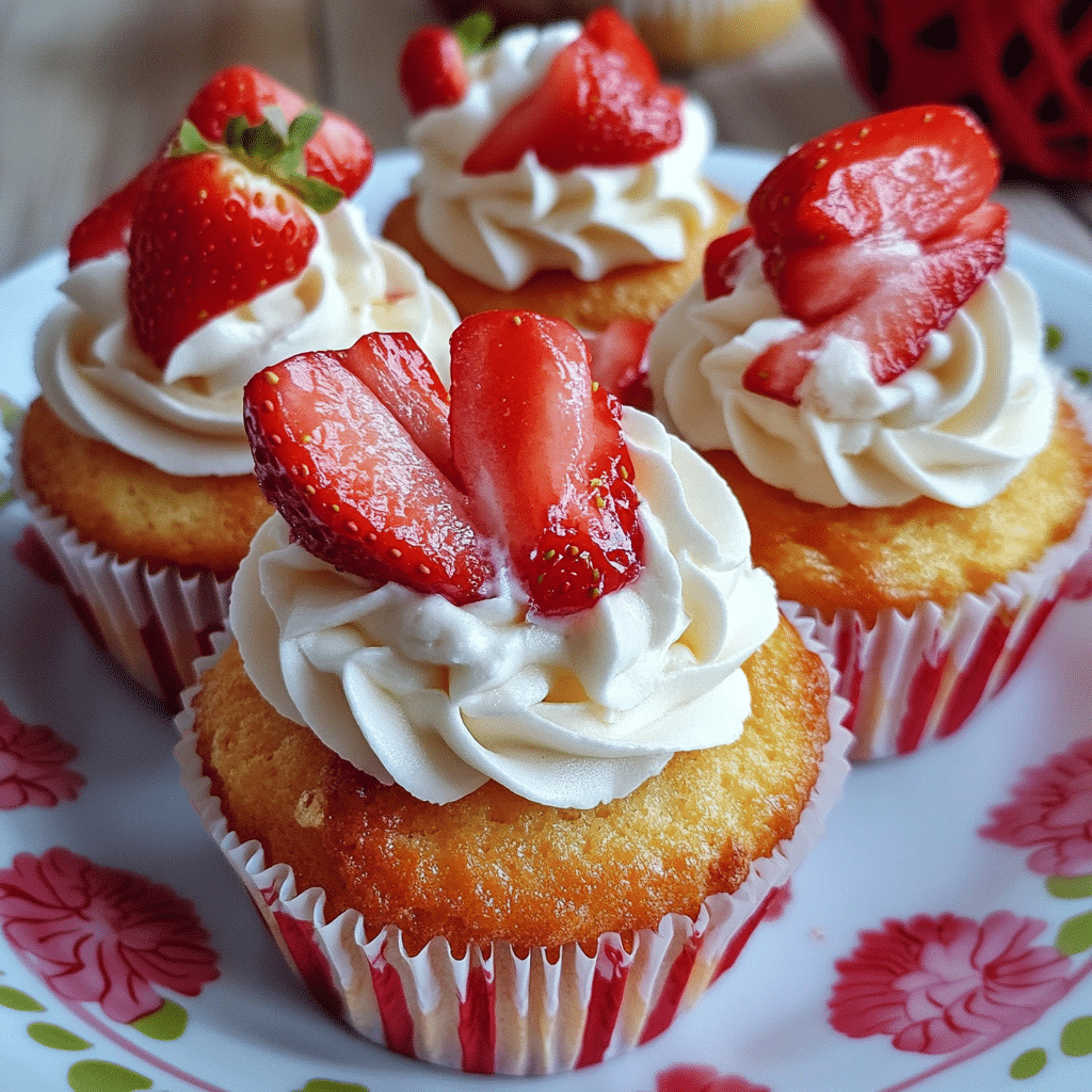 Strawberry shortcake cupcakes topped with whipped cream and fresh strawberry garnish