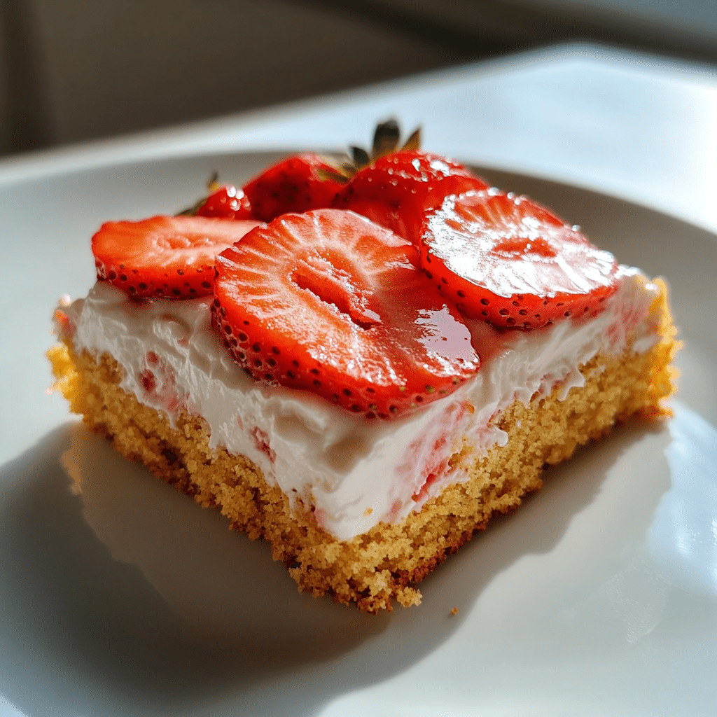Slice of strawberry yogurt cake with fresh strawberries on top