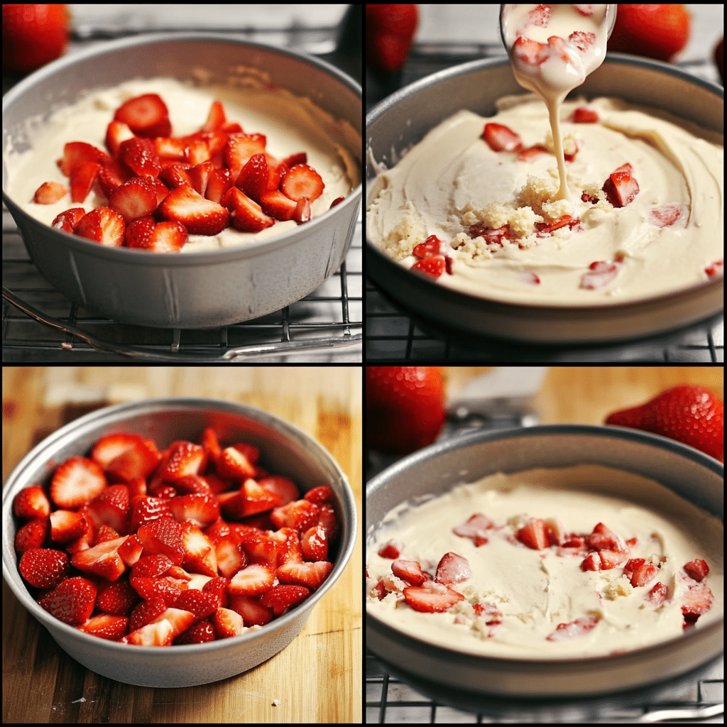 Four-panel collage showing the process of making strawberry yogurt cake