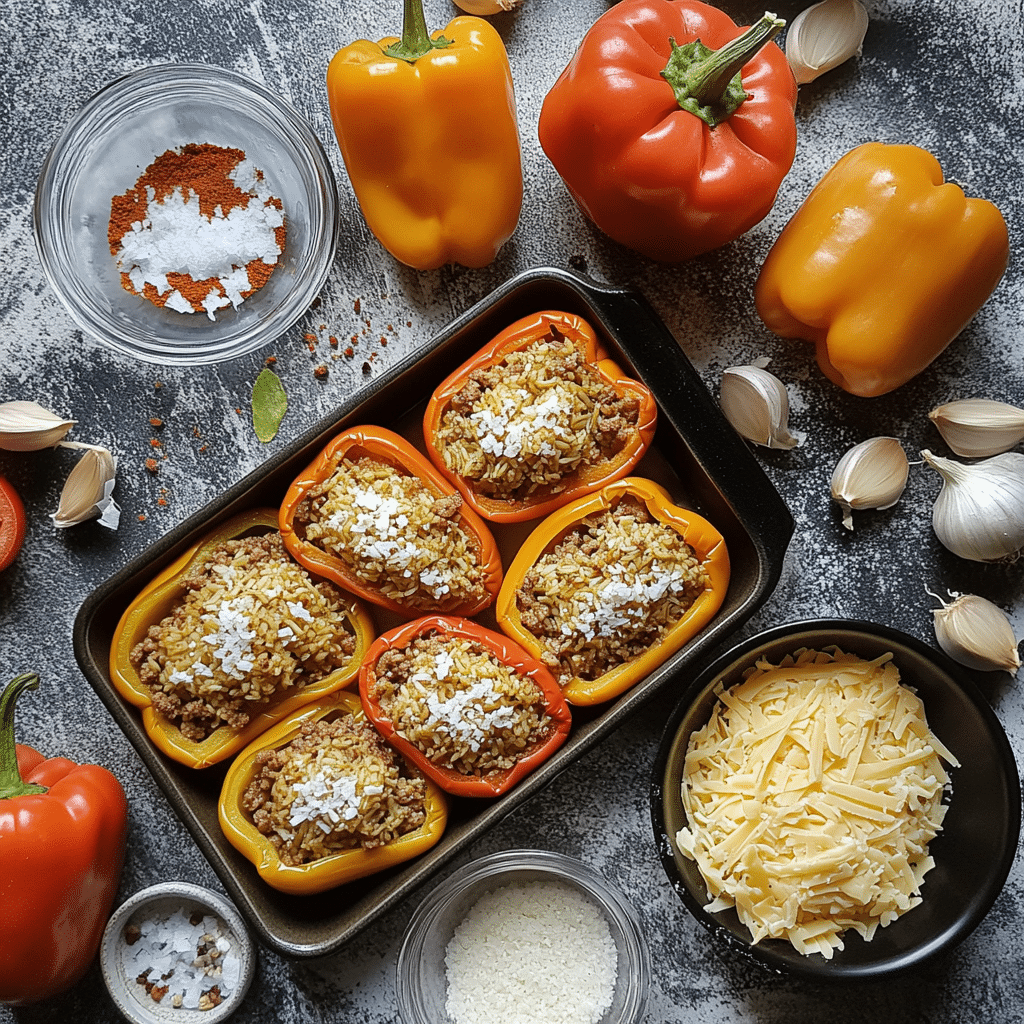 ingredients for stuffed peppers including bell peppers ground beef rice tomatoes onion garlic and cheese