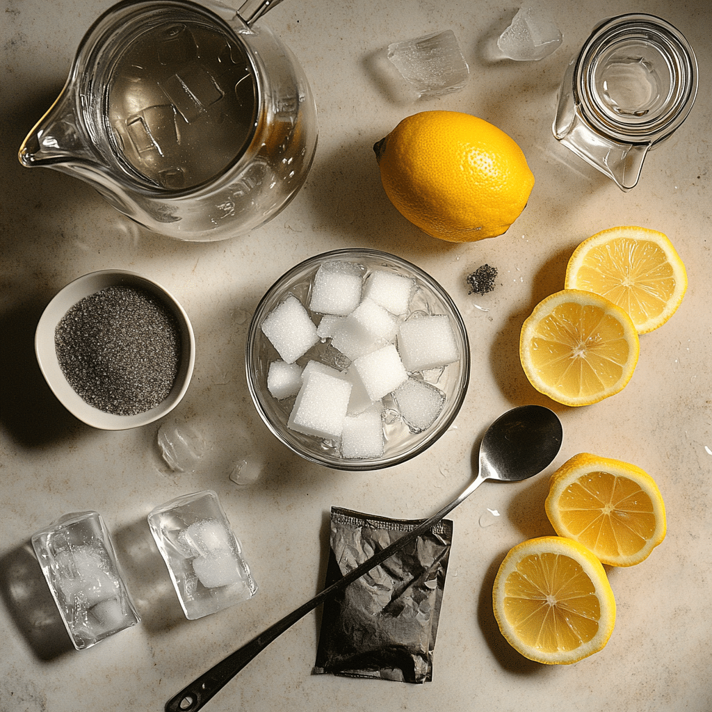 ingredients for sweet tea including tea bags sugar water lemons and ice