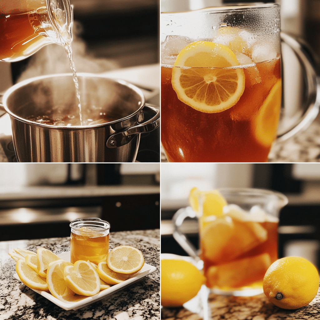 four panel collage showing steps to make sweet tea