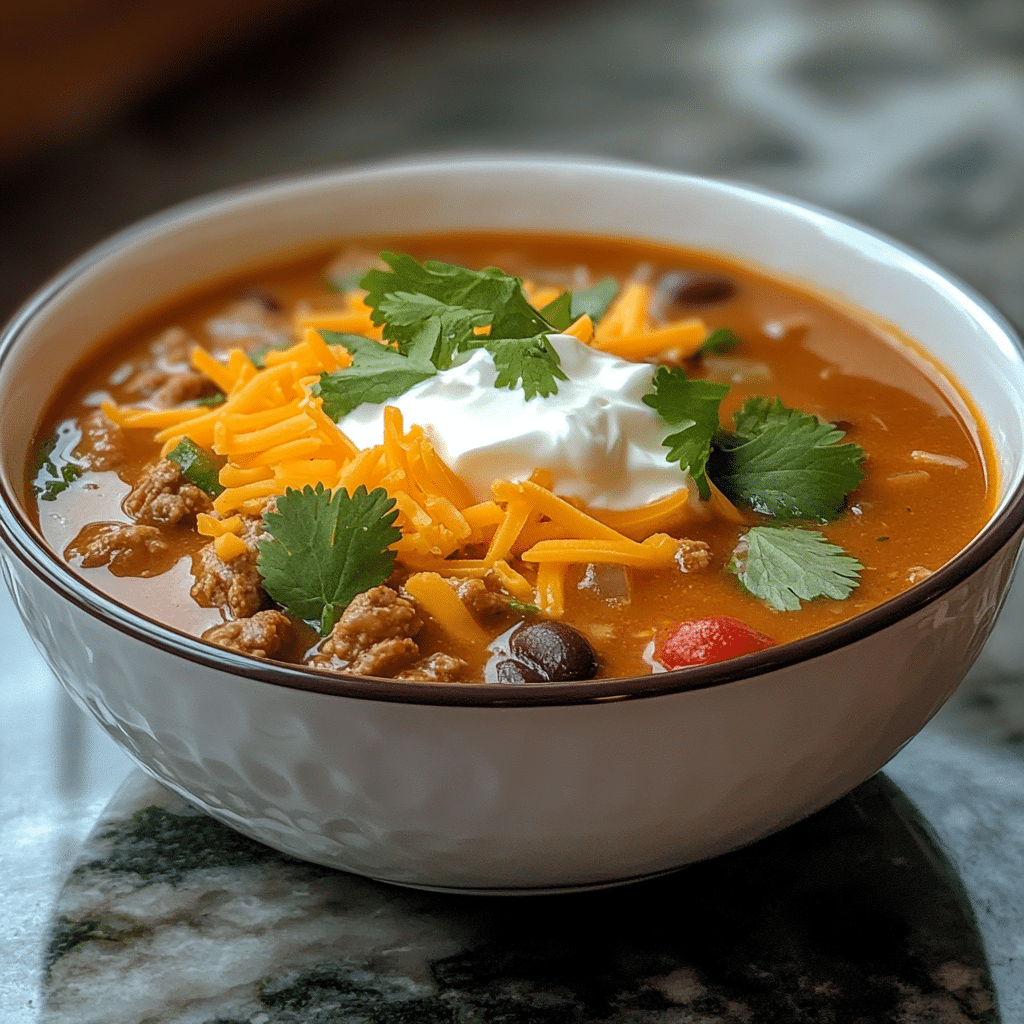 Taco soup with sour cream, cheese, and cilantro garnish