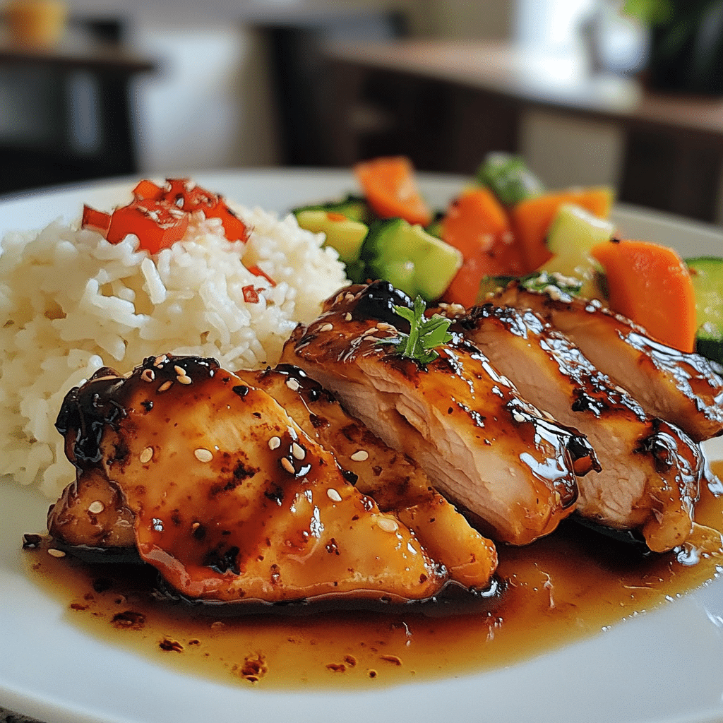 Teriyaki chicken served with rice and vegetables