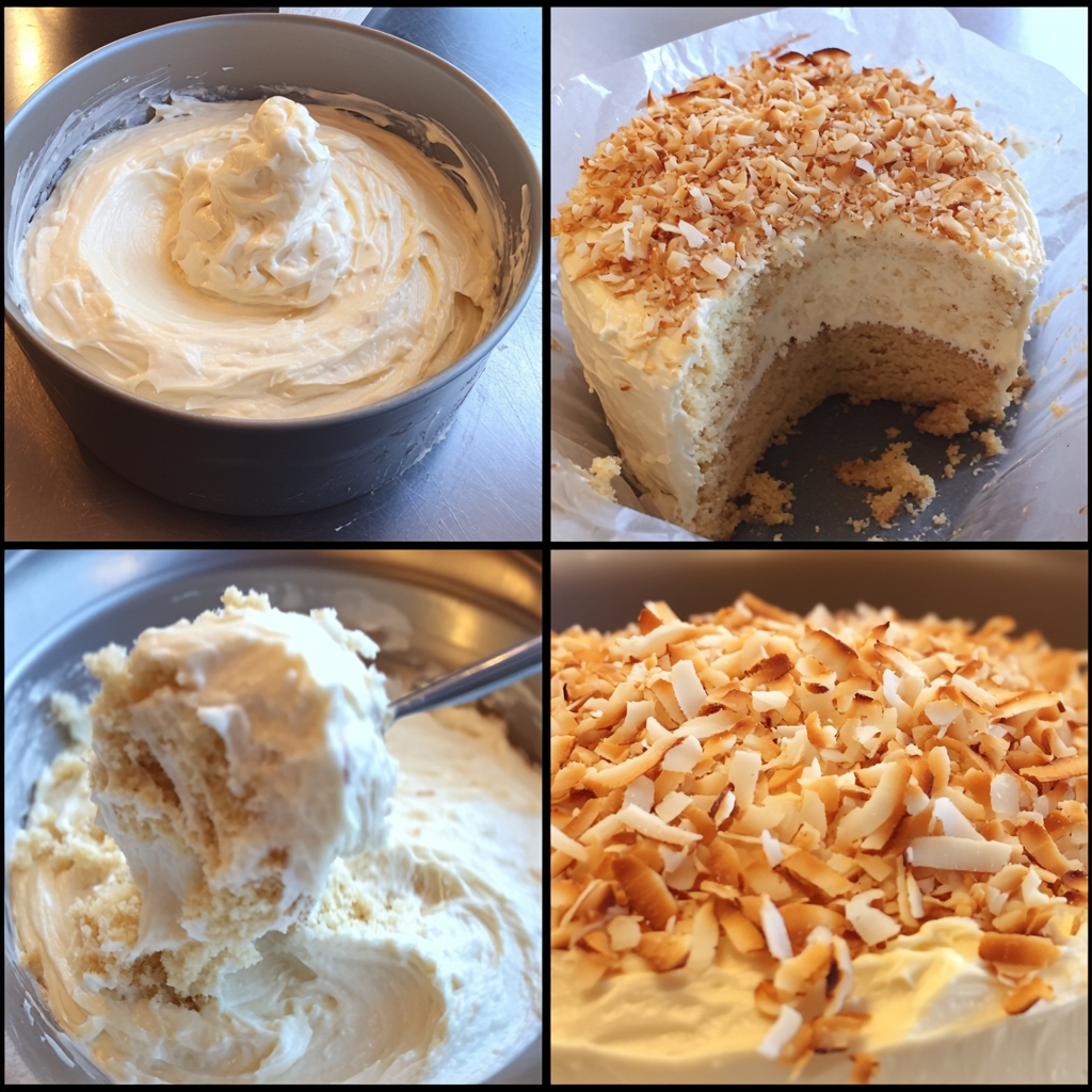 Four-panel collage of toasted coconut cake process from batter to finished product