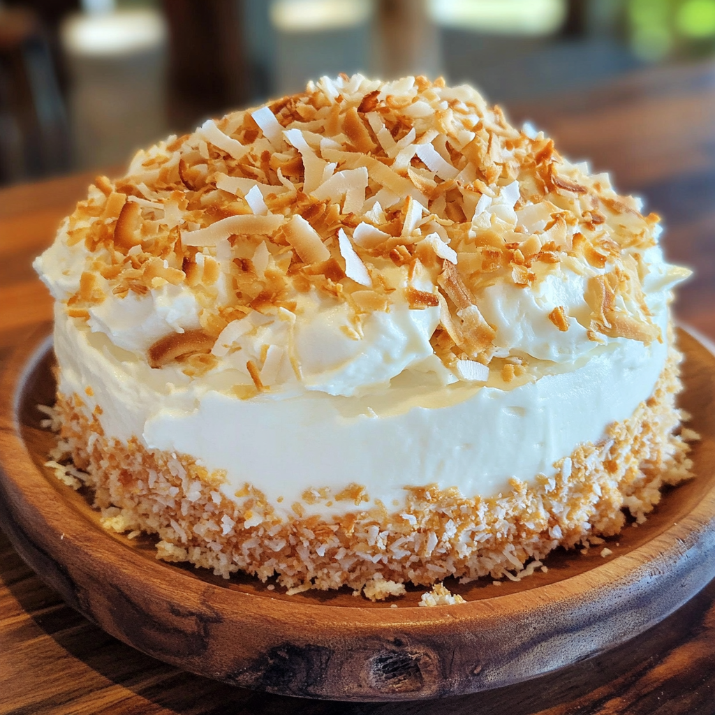 Close-up of toasted coconut cake with frosting and toasted coconut flakes