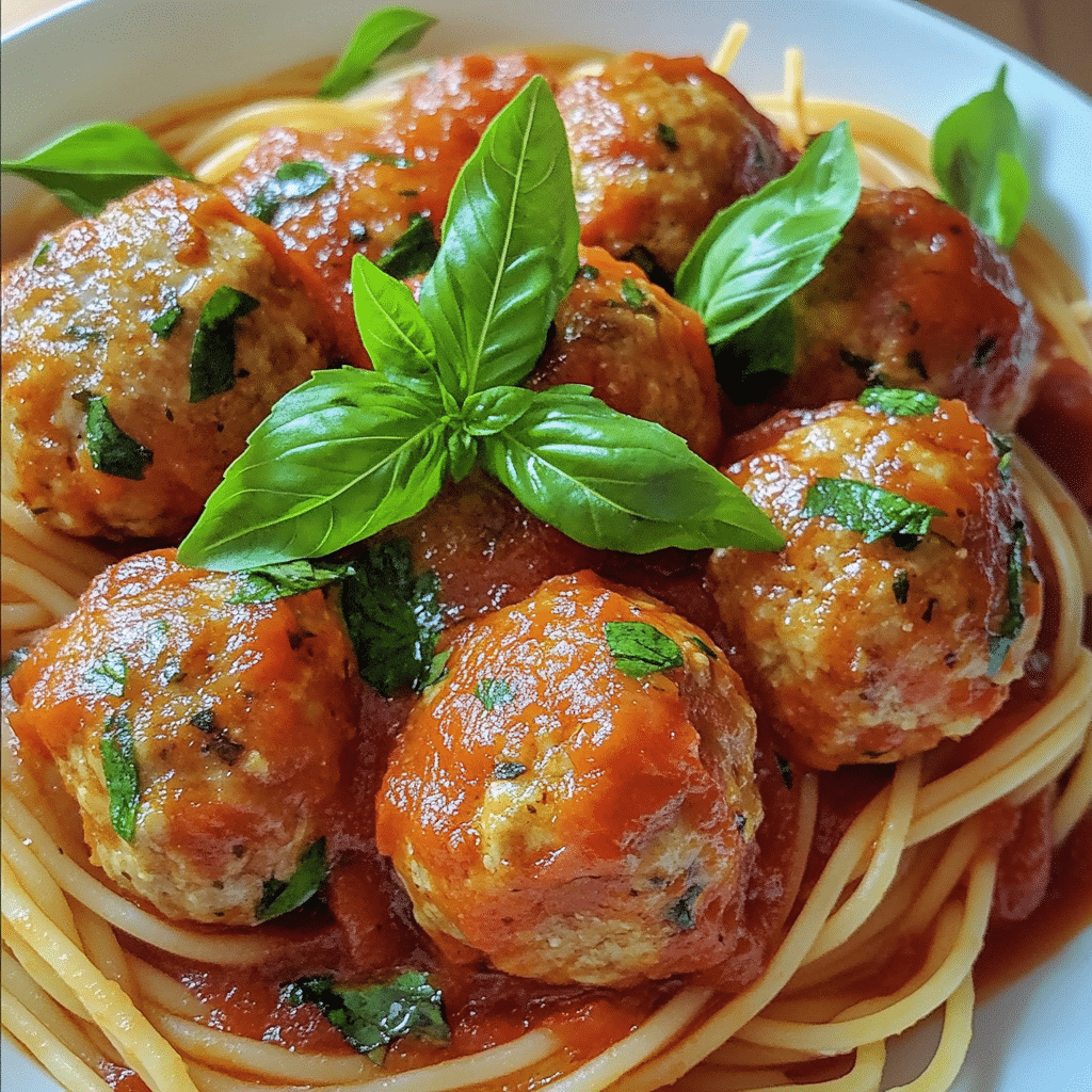 Turkey meatballs served in marinara sauce with spaghetti