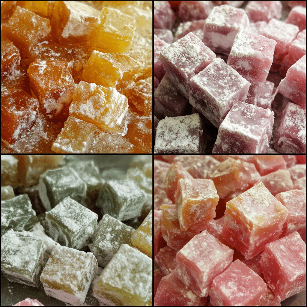 Four-panel collage showing the process of making Turkish delight