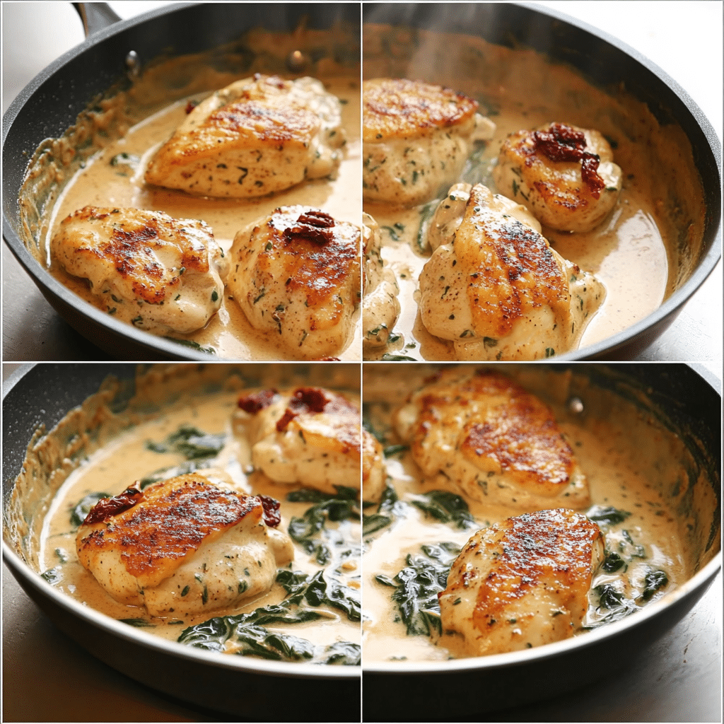 four panel collage showing steps to make creamy tuscan garlic chicken
