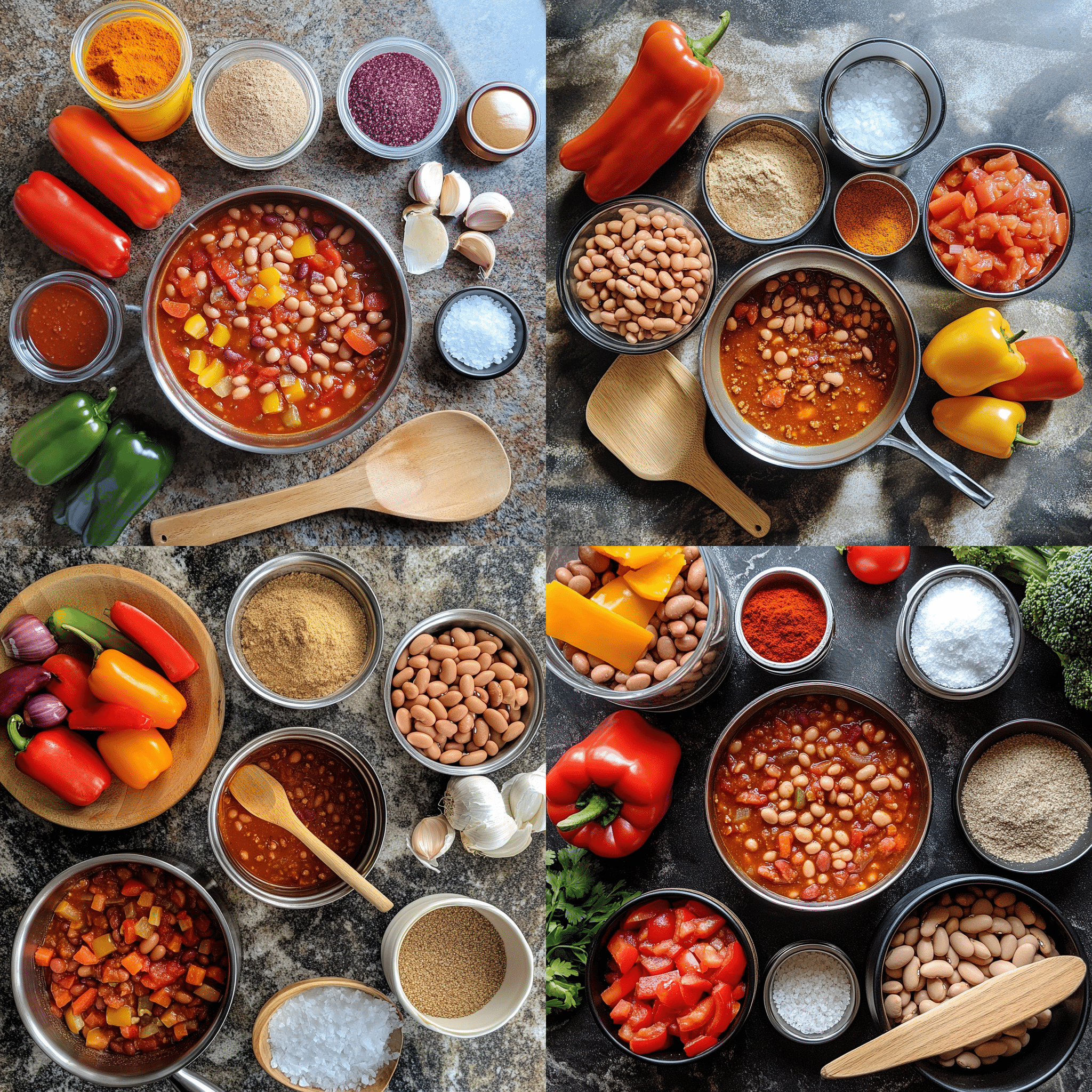 ingredients for vegetarian chili including beans tomatoes peppers onion garlic spices and broth