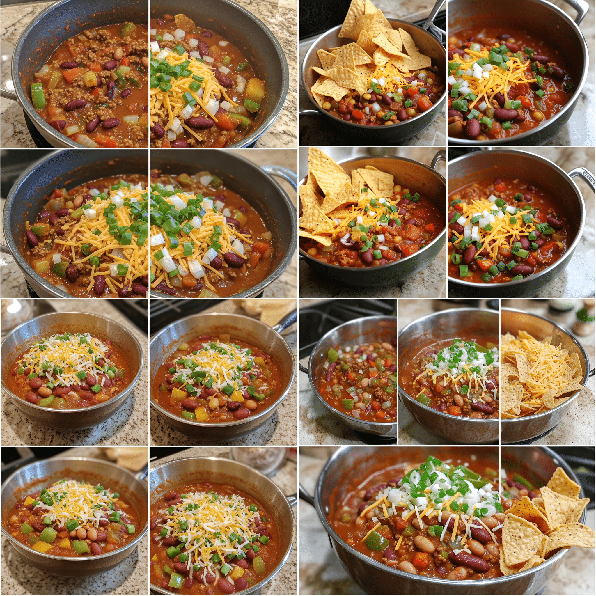 four panel collage showing steps to make vegetarian chili