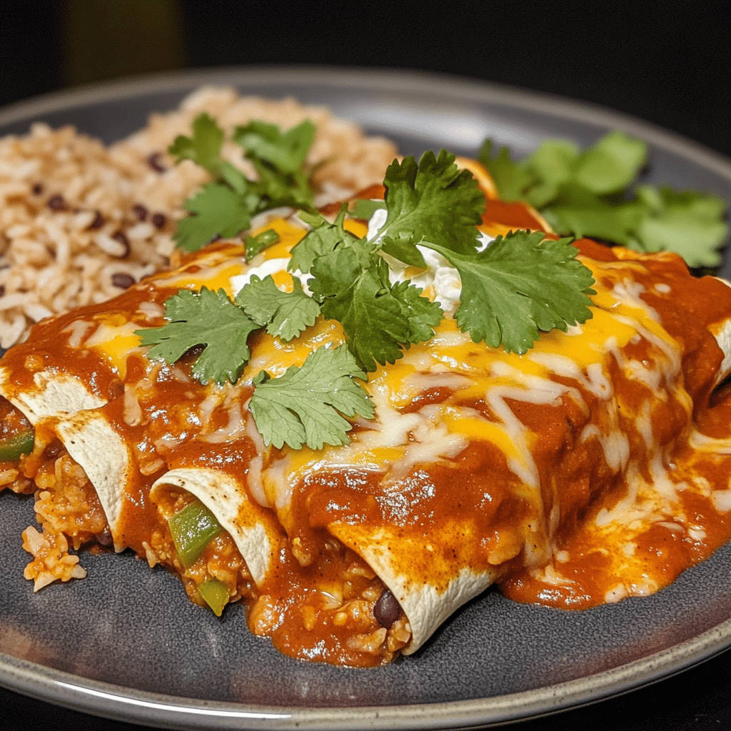 Vegetarian enchiladas topped with red sauce, melted cheese, and cilantro