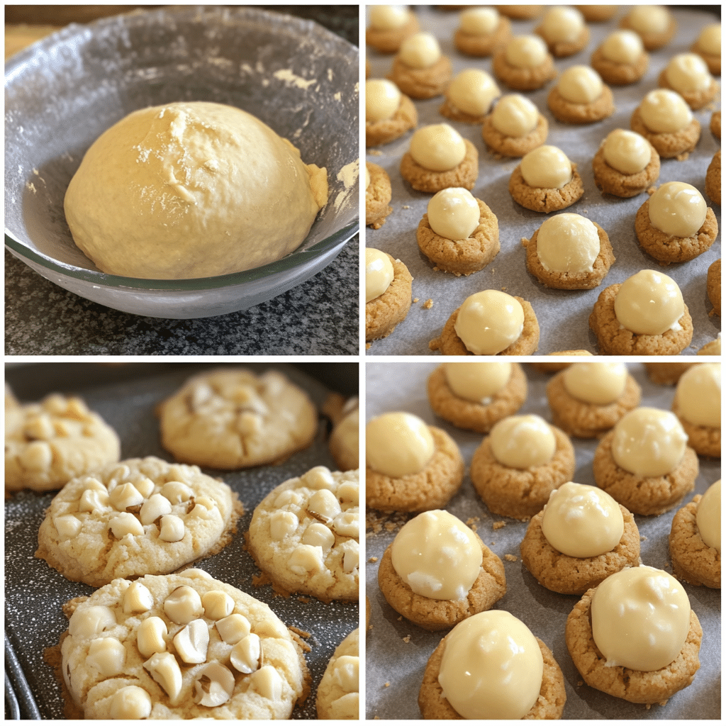 Four-panel collage showing the process of making white chocolate macadamia nut cookies