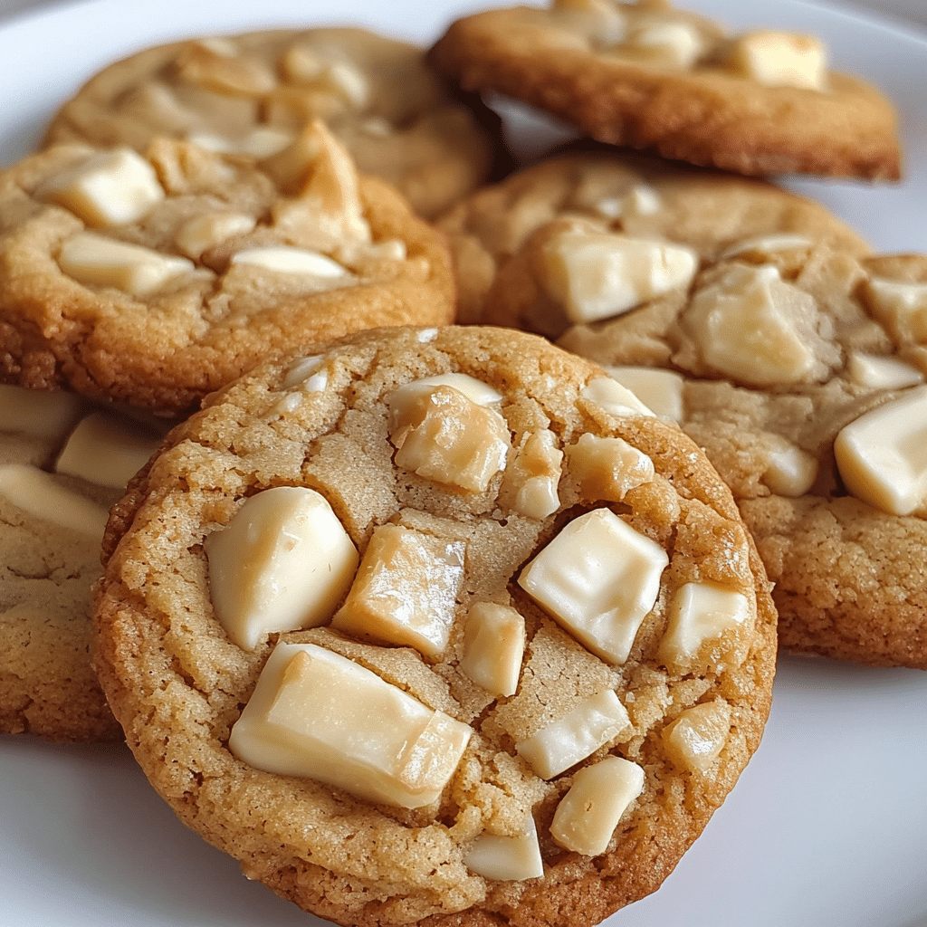 Close-up of white chocolate macadamia nut cookies with chunks of white chocolate and macadamia nuts