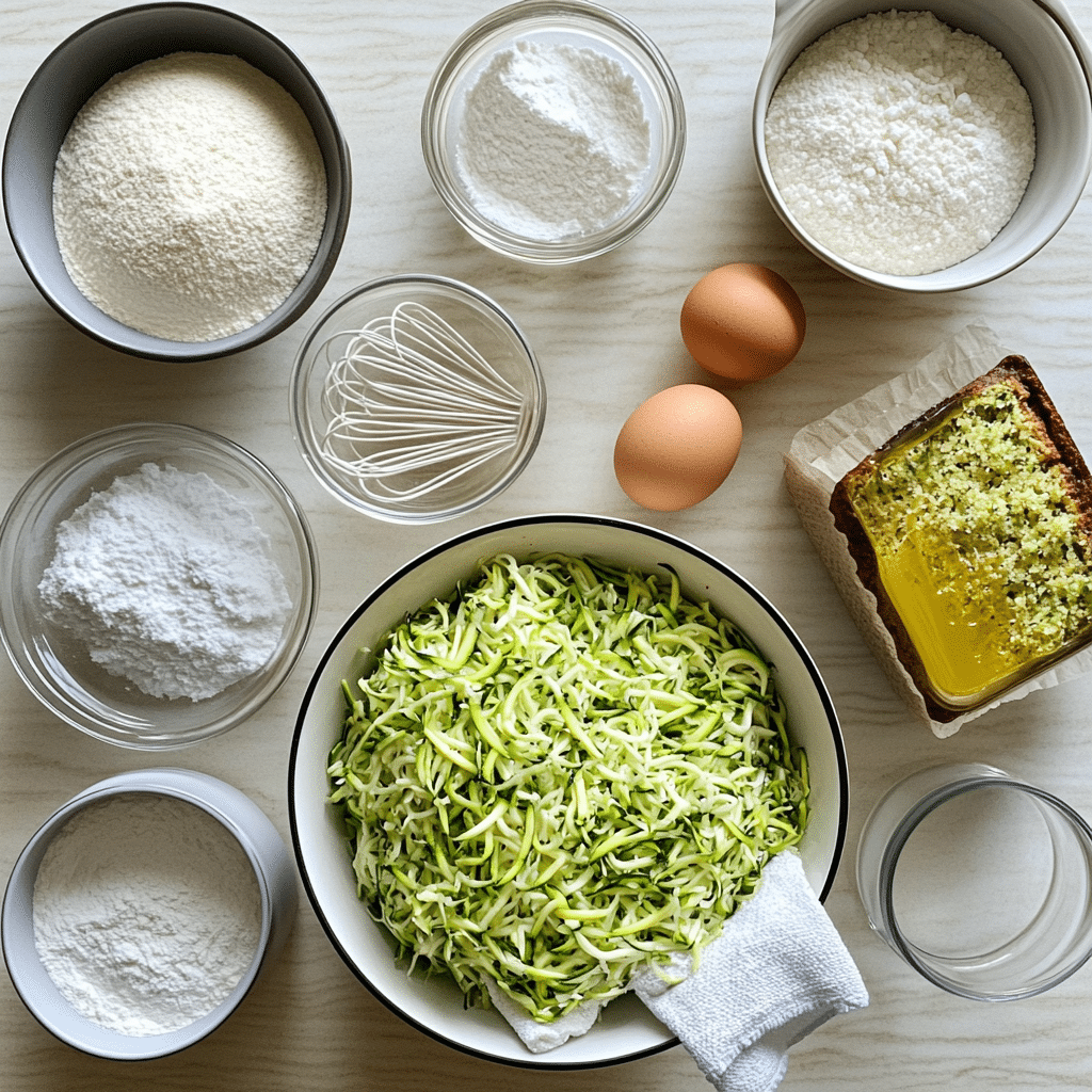 ingredients for zucchini bread including shredded zucchini flour sugars eggs oil and spices