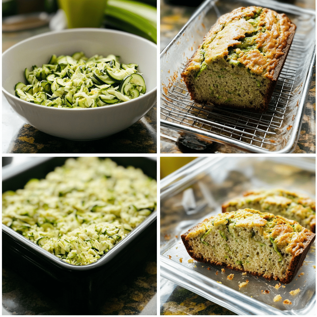 four panel collage showing steps to make zucchini bread