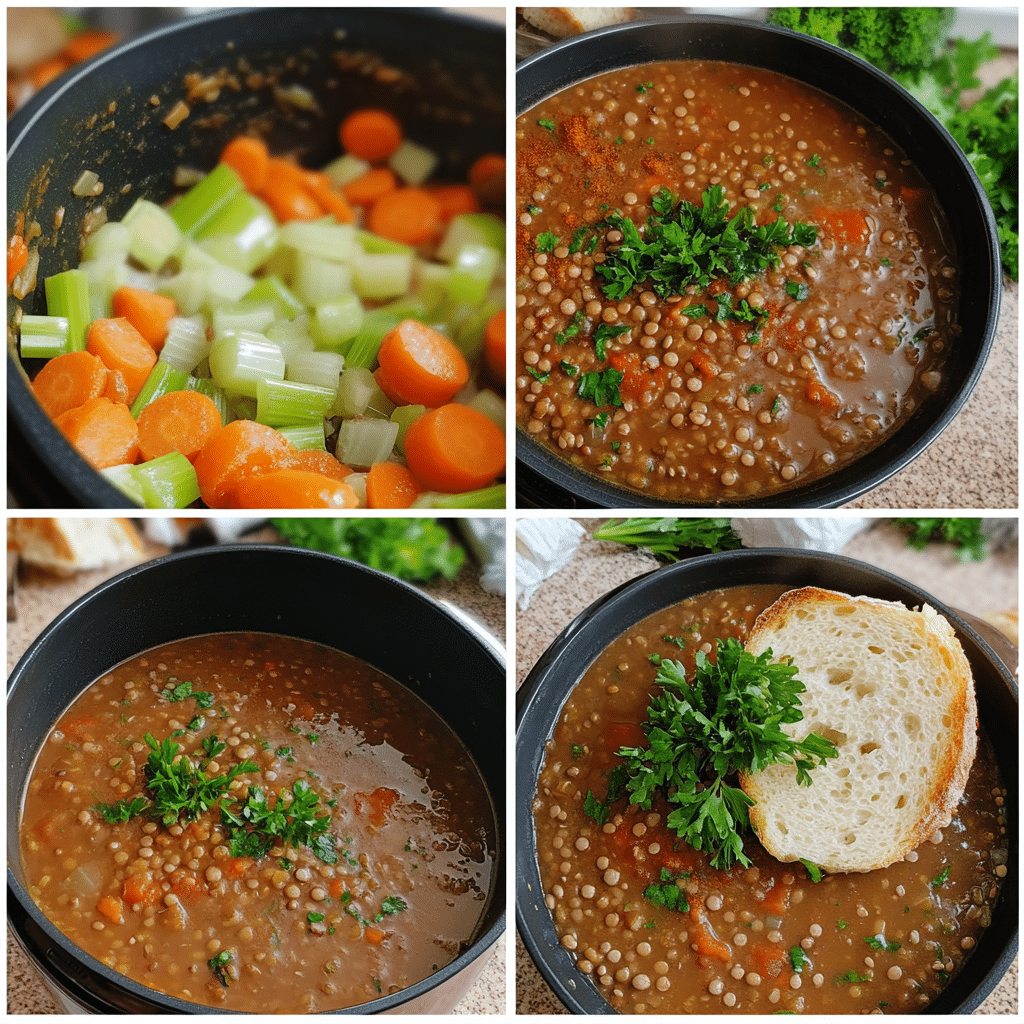 four panel collage showing steps to make lentil soup