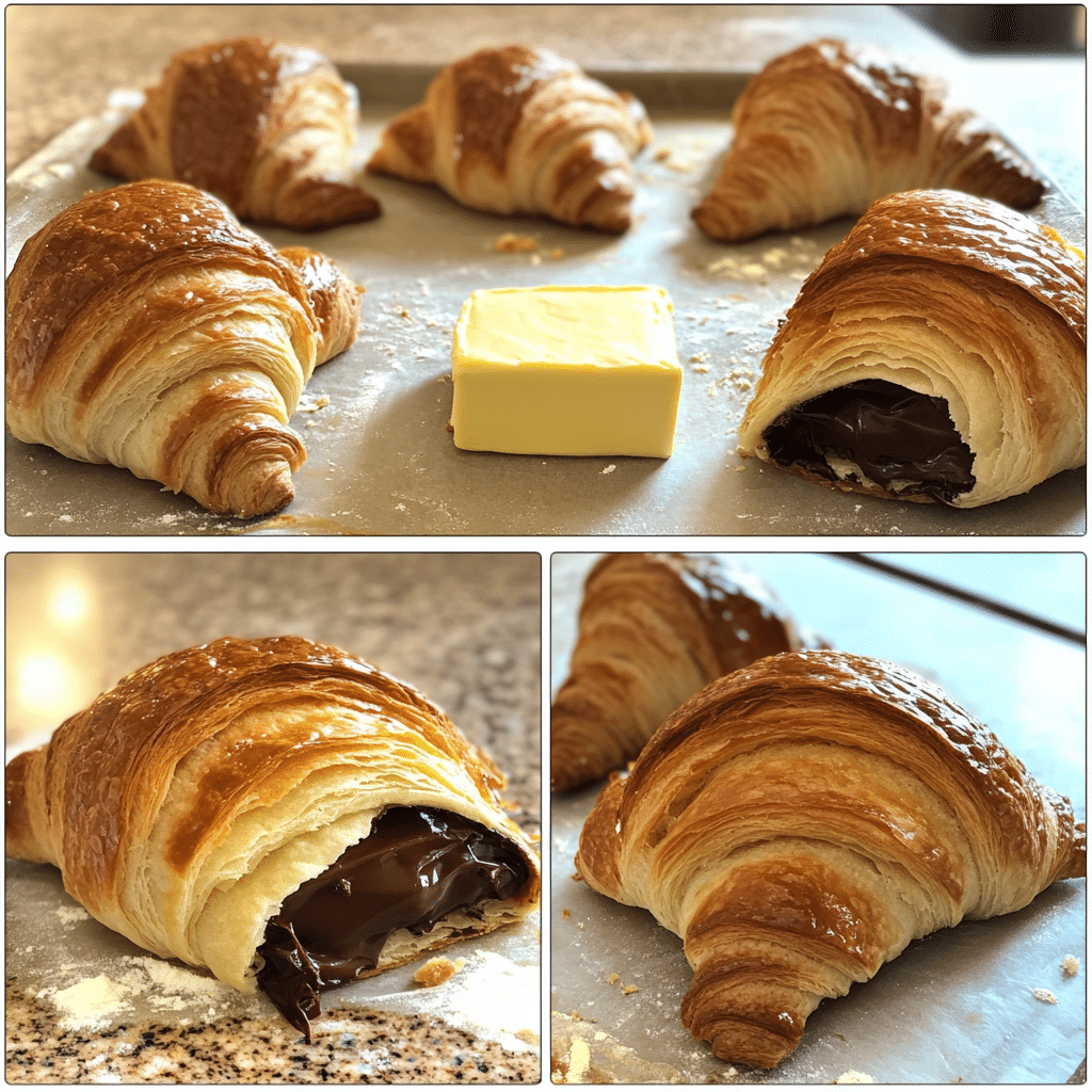 four panel collage showing steps to make chocolate croissants