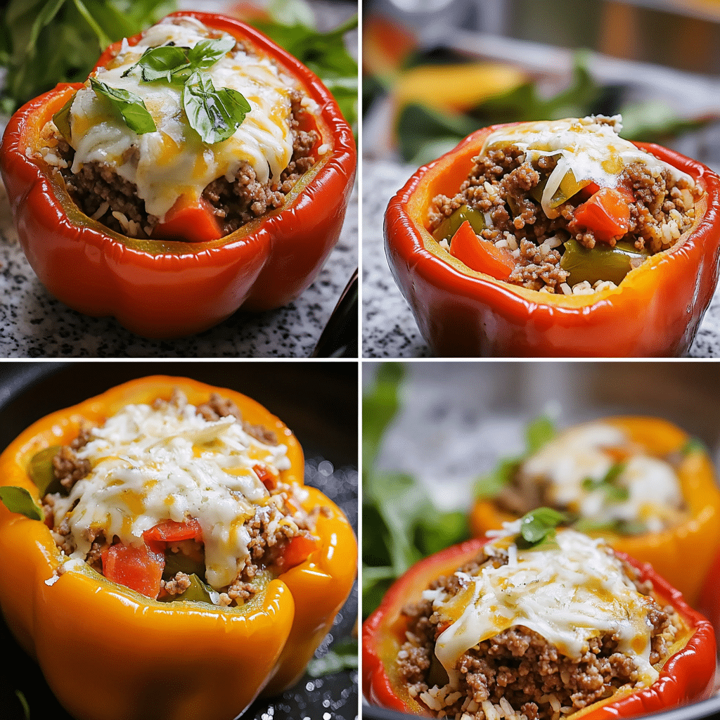 four panel collage showing steps to make stuffed peppers