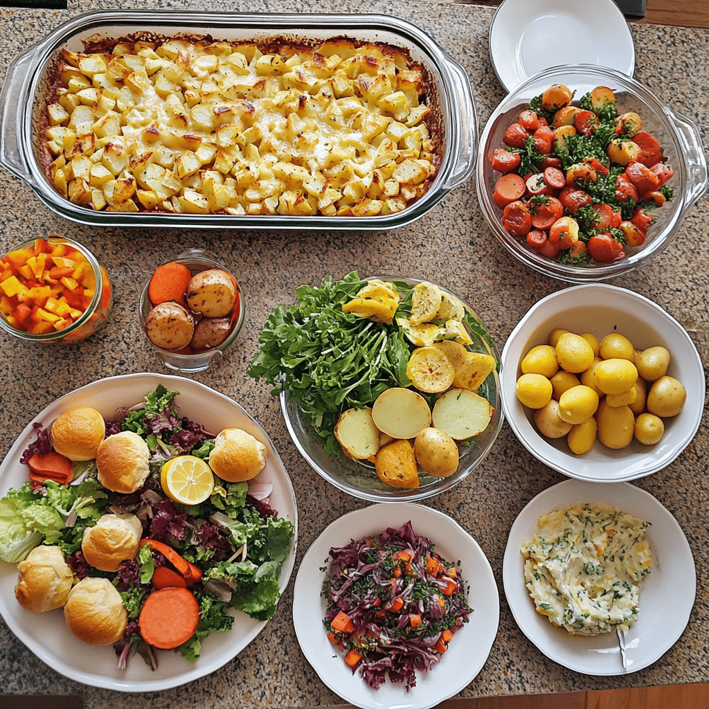 A spring Easter table spread with multiple colorful side dishes in bowls and platters