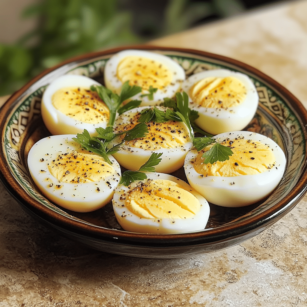Homemade 15+ recipes with hard-boiled eggs in a serving dish in a bright kitchen