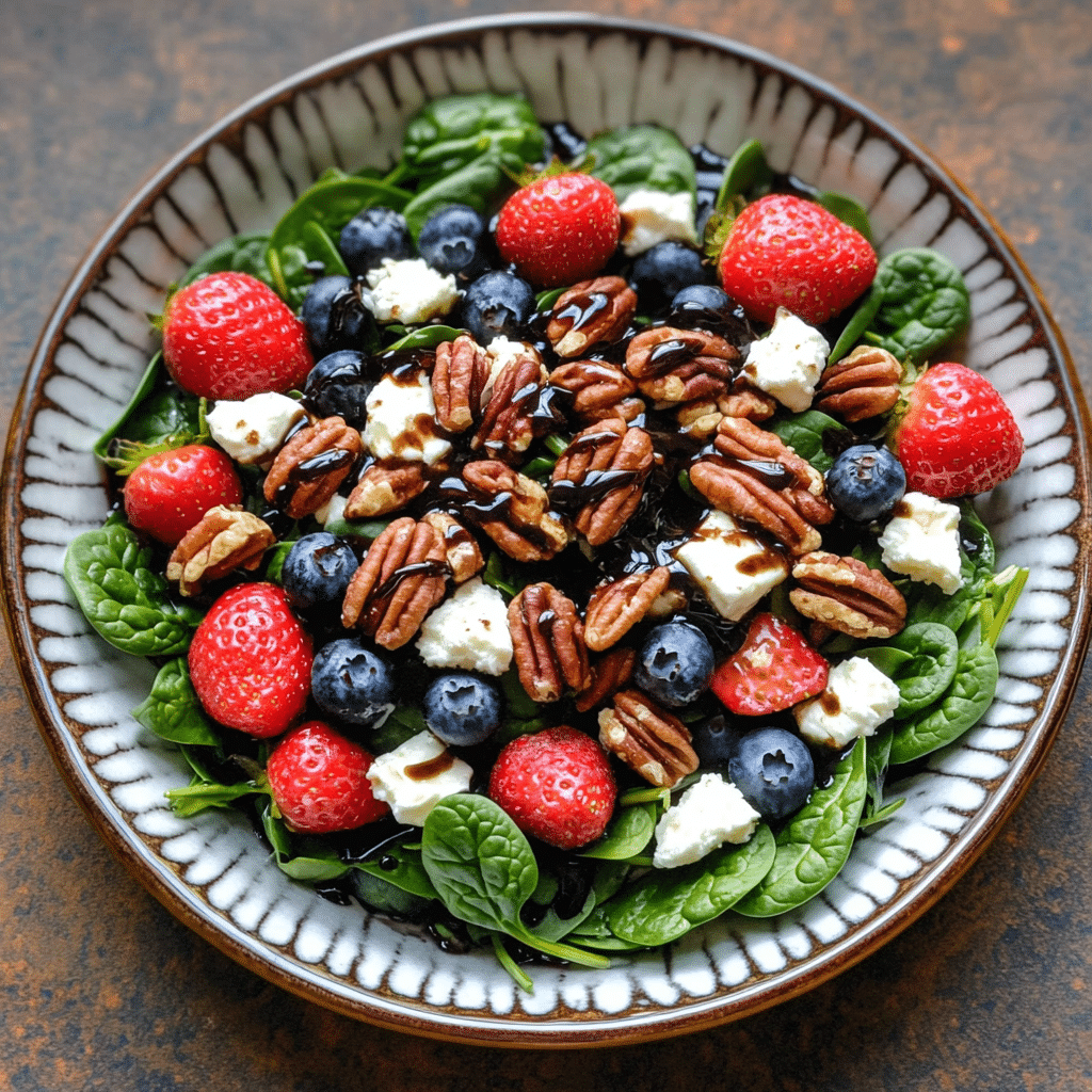 Homemade 30-minute strawberry spinach salad with blueberries, pecans, feta cheese, and a balsamic glaze in a serving dish in a bright kitchen