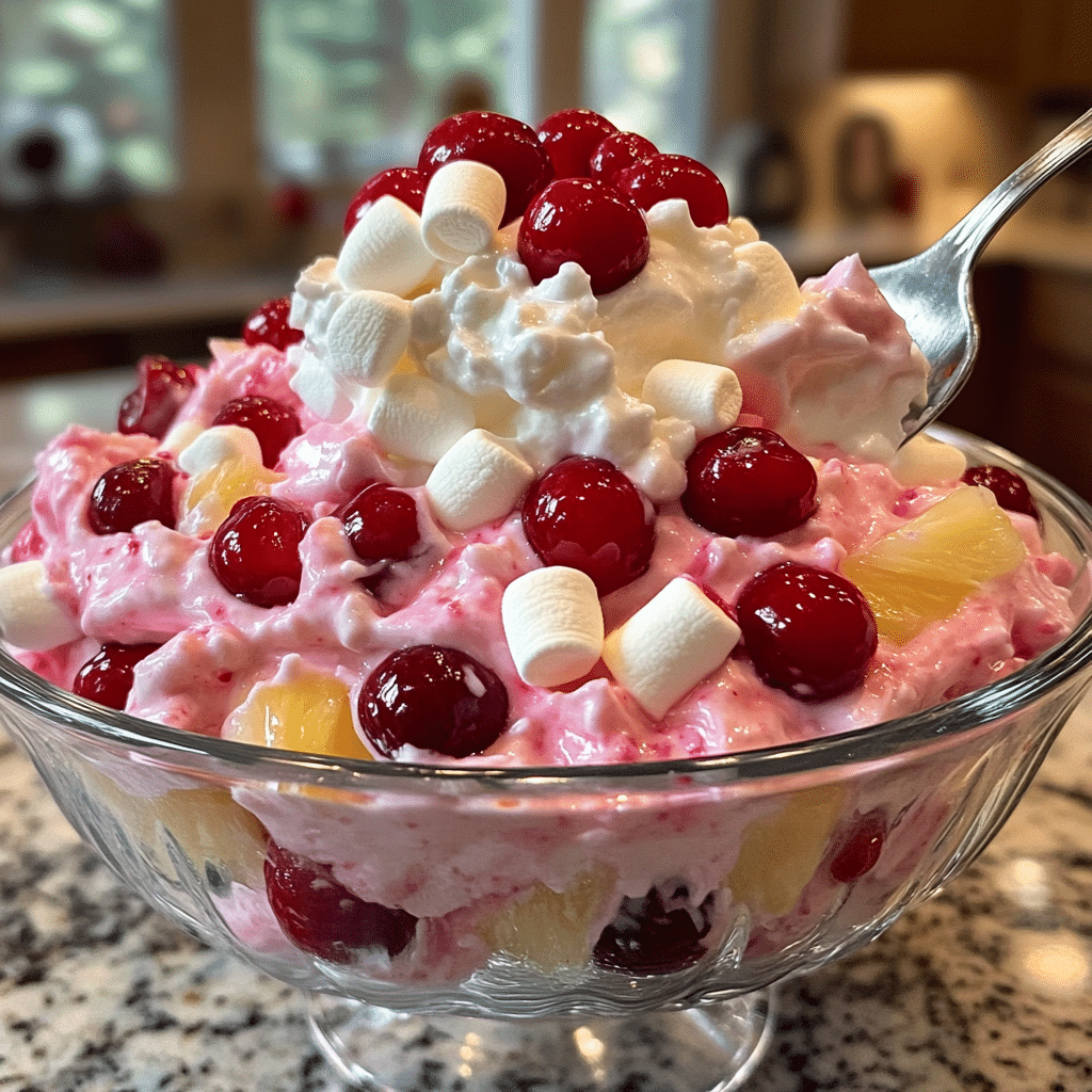 Pink cherry angel fluff salad with marshmallows and whipped topping in a bowl