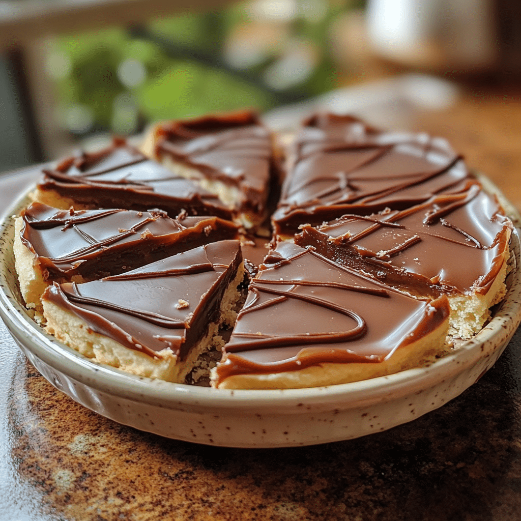 Homemade authentic millionaire’s shortbread or caramel shortcake (shortbread with caramel and chocolate) in a serving dish in a bright kitchen