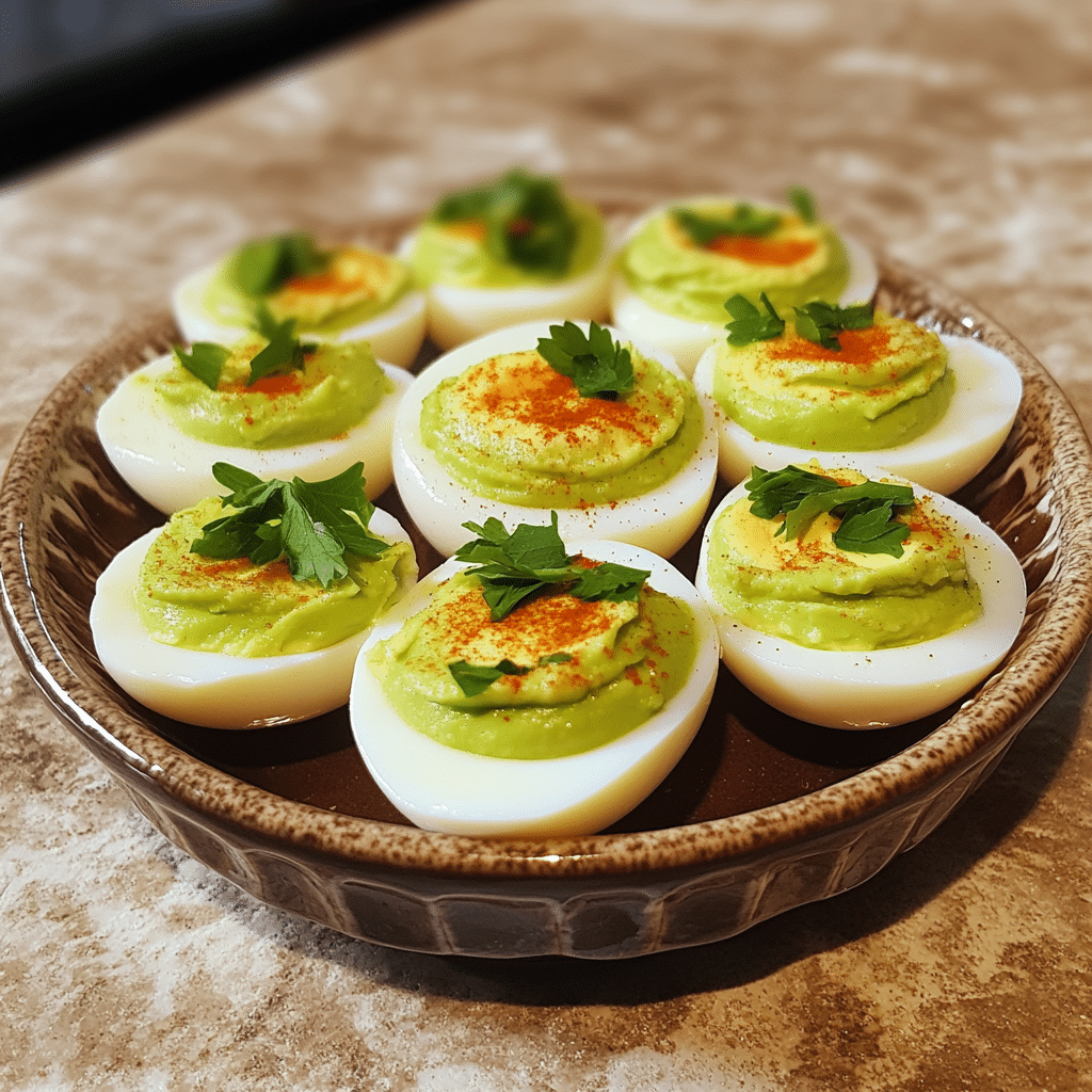 Homemade avocado deviled eggs in a serving dish in a bright kitchen