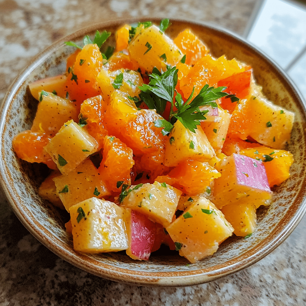 Homemade best orange fluff salad in a serving dish in a bright kitchen