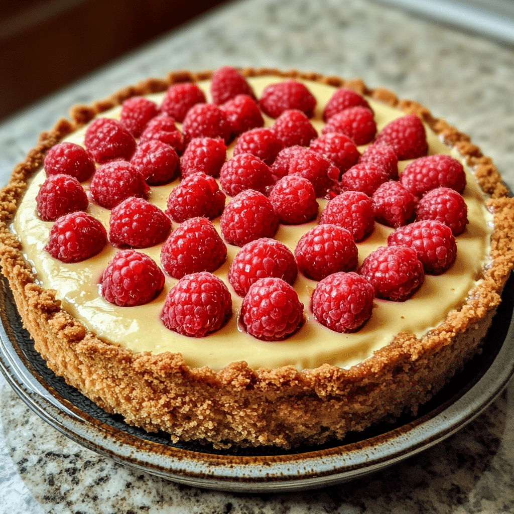 Homemade baked raspberry cheesecake recipe in a serving dish in a bright kitchen
