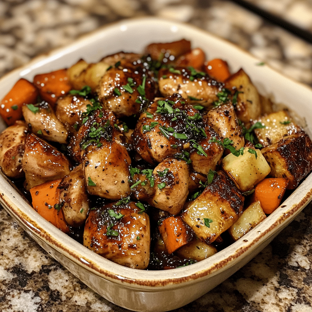 Homemade balsamic glazed chicken and veggies (35-minutes) in a serving dish in a bright kitchen