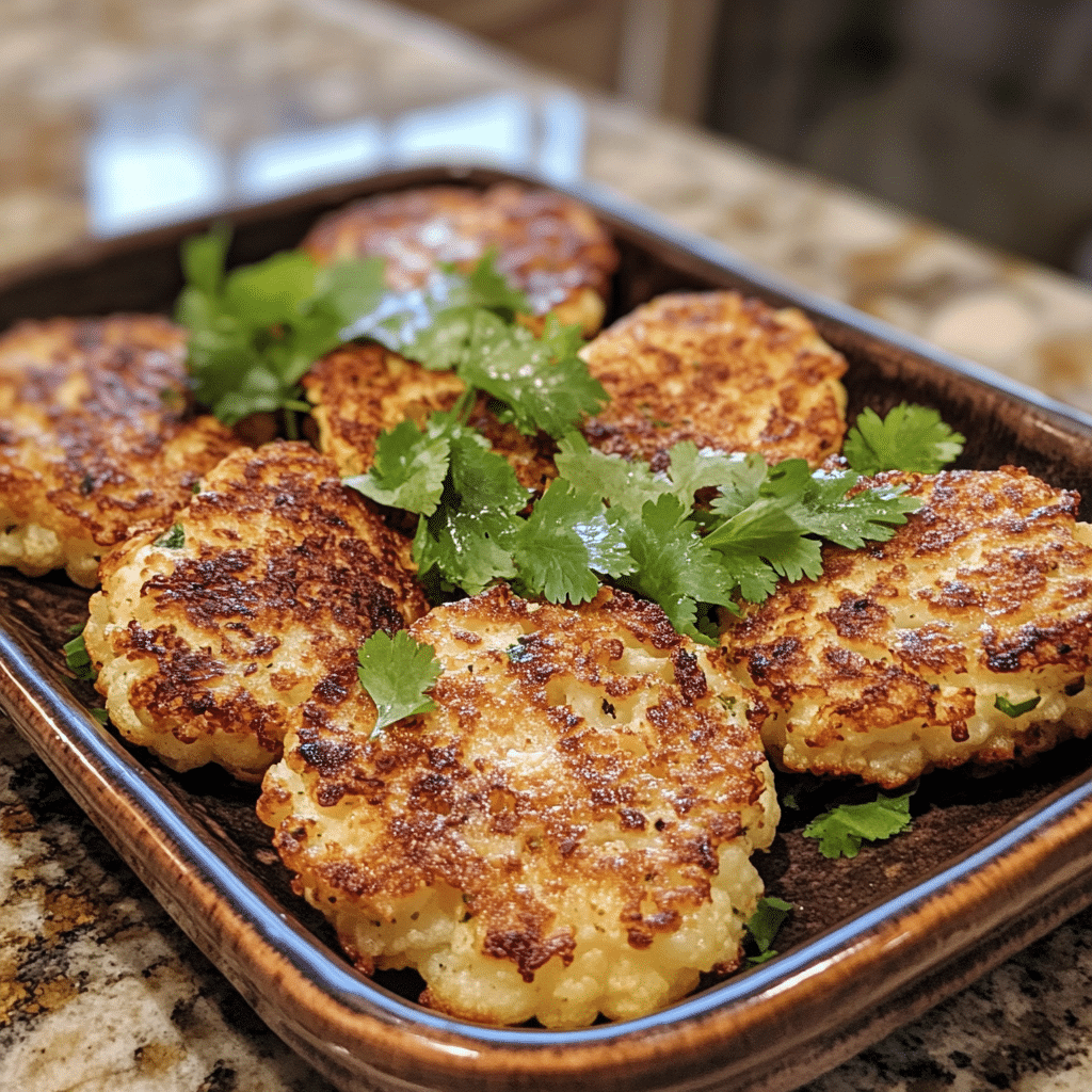 Homemade basic cauliflower fritters in a serving dish in a bright kitchen