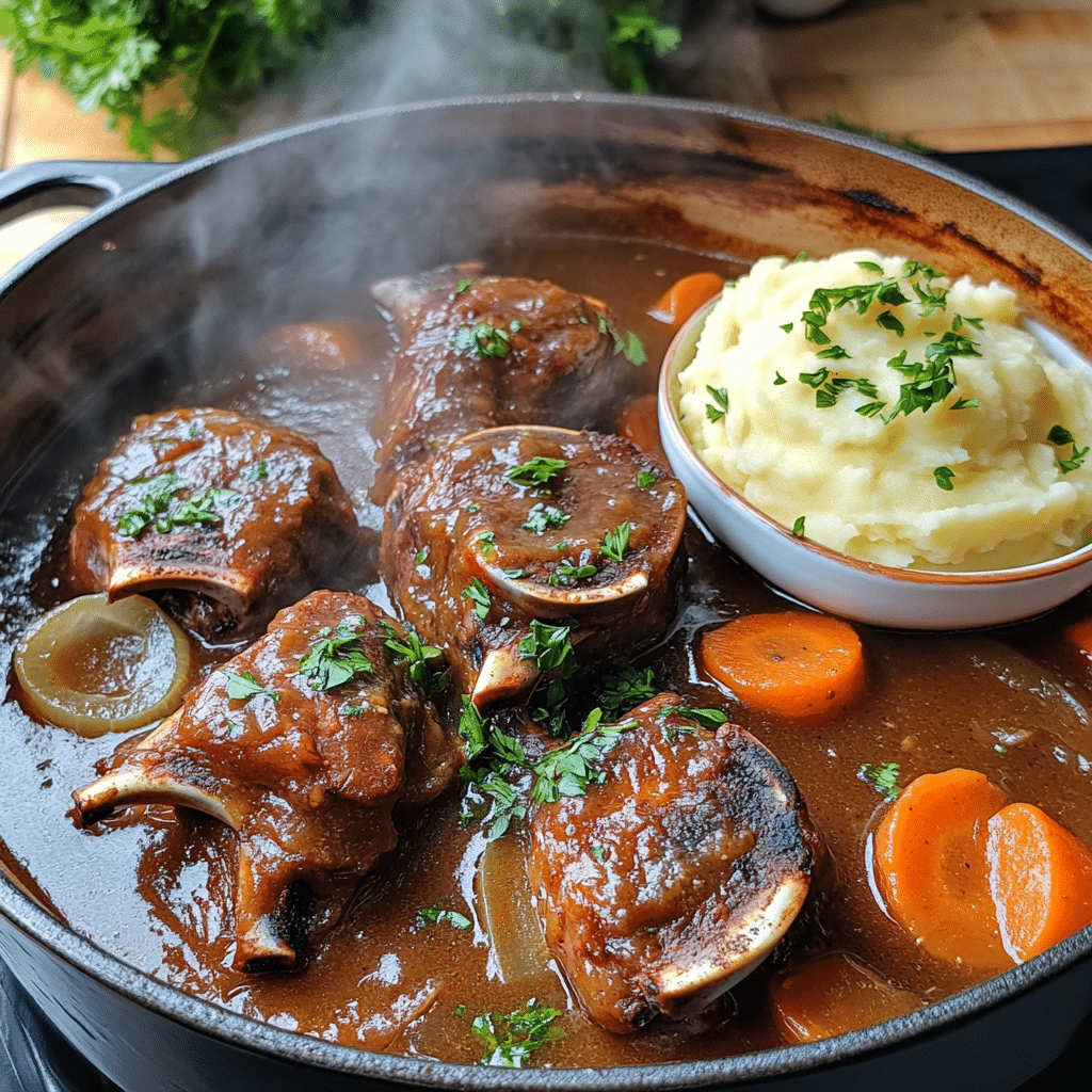 braised lamb shanks in dutch oven with carrots onions and rich gravy