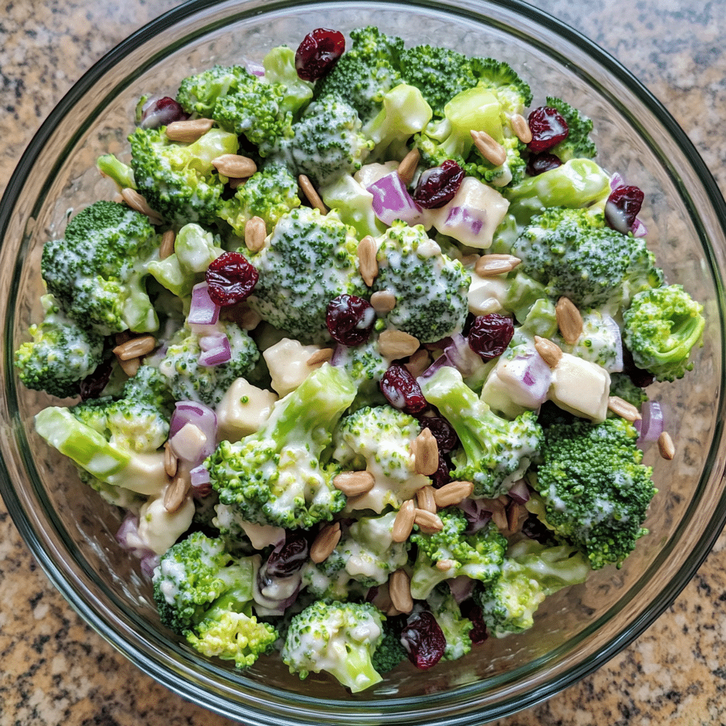 Broccoli salad with cranberries, sunflower seeds, red onion, and creamy dressing