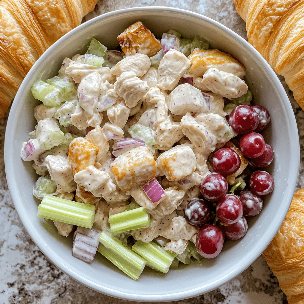 Chicken salad with grapes, celery, and creamy dressing served for sandwiches