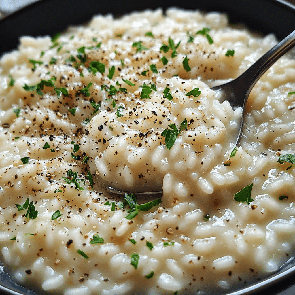 Bowl of creamy risotto topped with parsley and black pepper