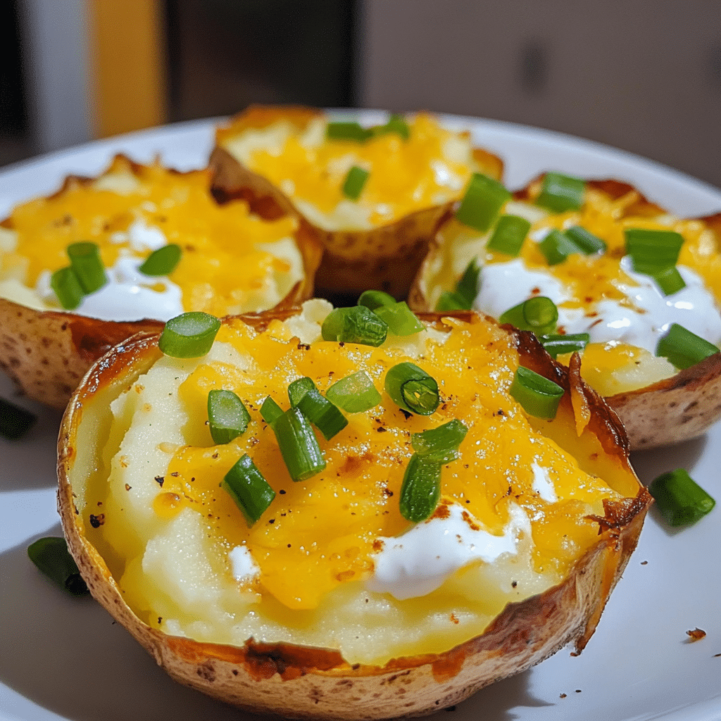 Crispy potato shells filled with fluffy mashed potato, melty cheese, sour cream, and green onions