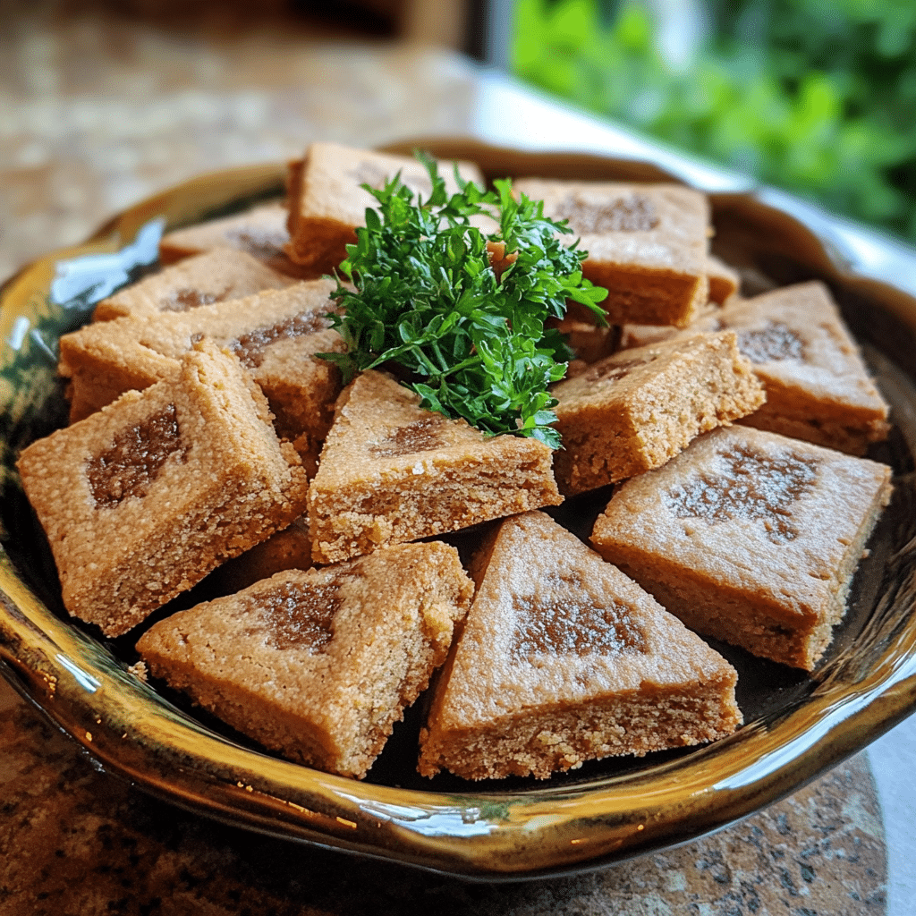 Homemade biscoff millionaires shortbread in a serving dish in a bright kitchen