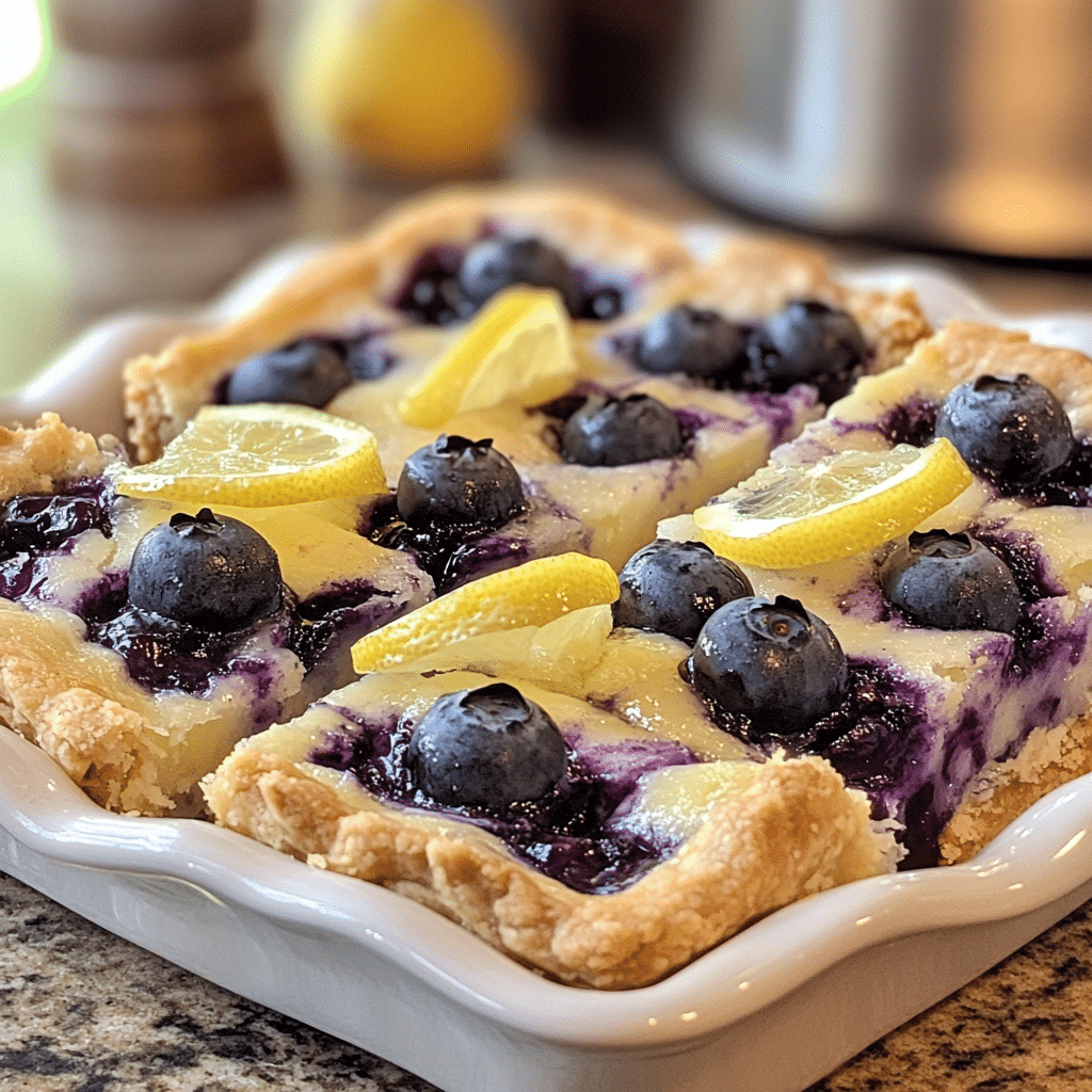 Homemade blueberry lemon pie bars in a serving dish in a bright kitchen