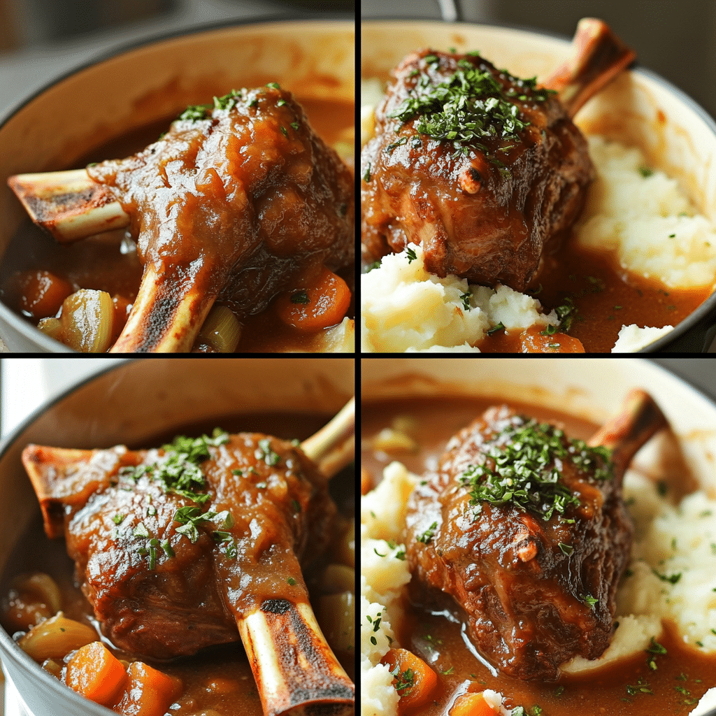 four panel collage showing steps to make braised lamb shanks
