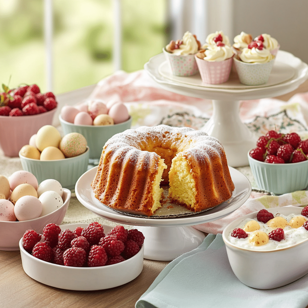 Easter brunch spread with breakfast bundt cake, berries, parfaits, and egg bites