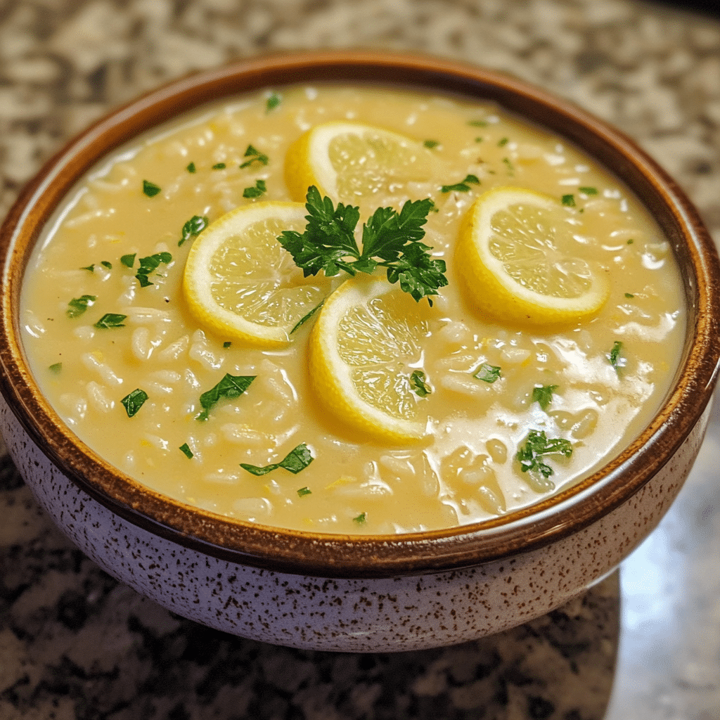 Homemade brighten your day with creamy lemon rice soup! in a serving dish in a bright kitchen
