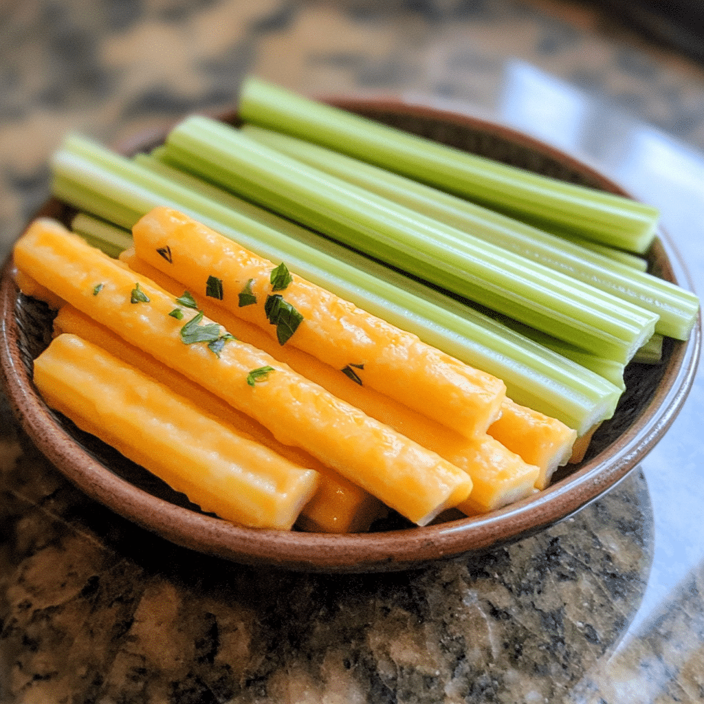Homemade cheddar crunch celery sticks served in a dish in a bright kitchen