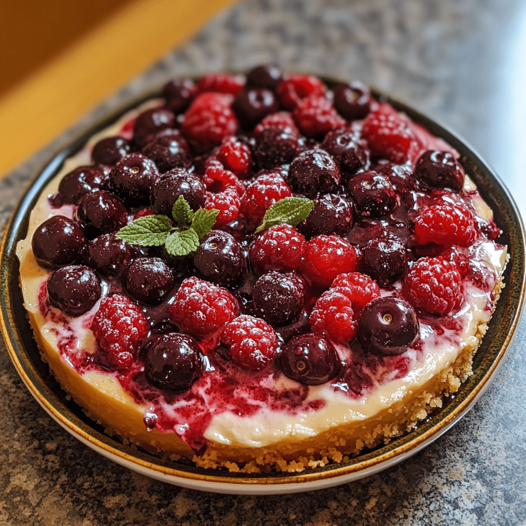 Homemade cheesecake berry salad in a serving dish in a bright kitchen